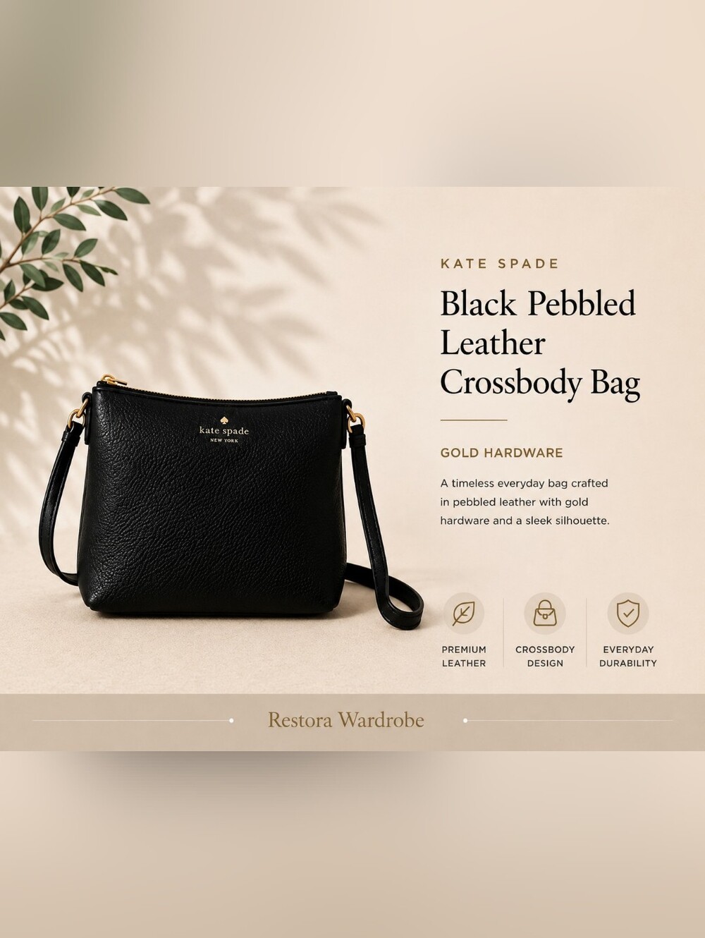 Kate Spade Black Pebbled Leather Minimalist Zip Top Crossbody Bag